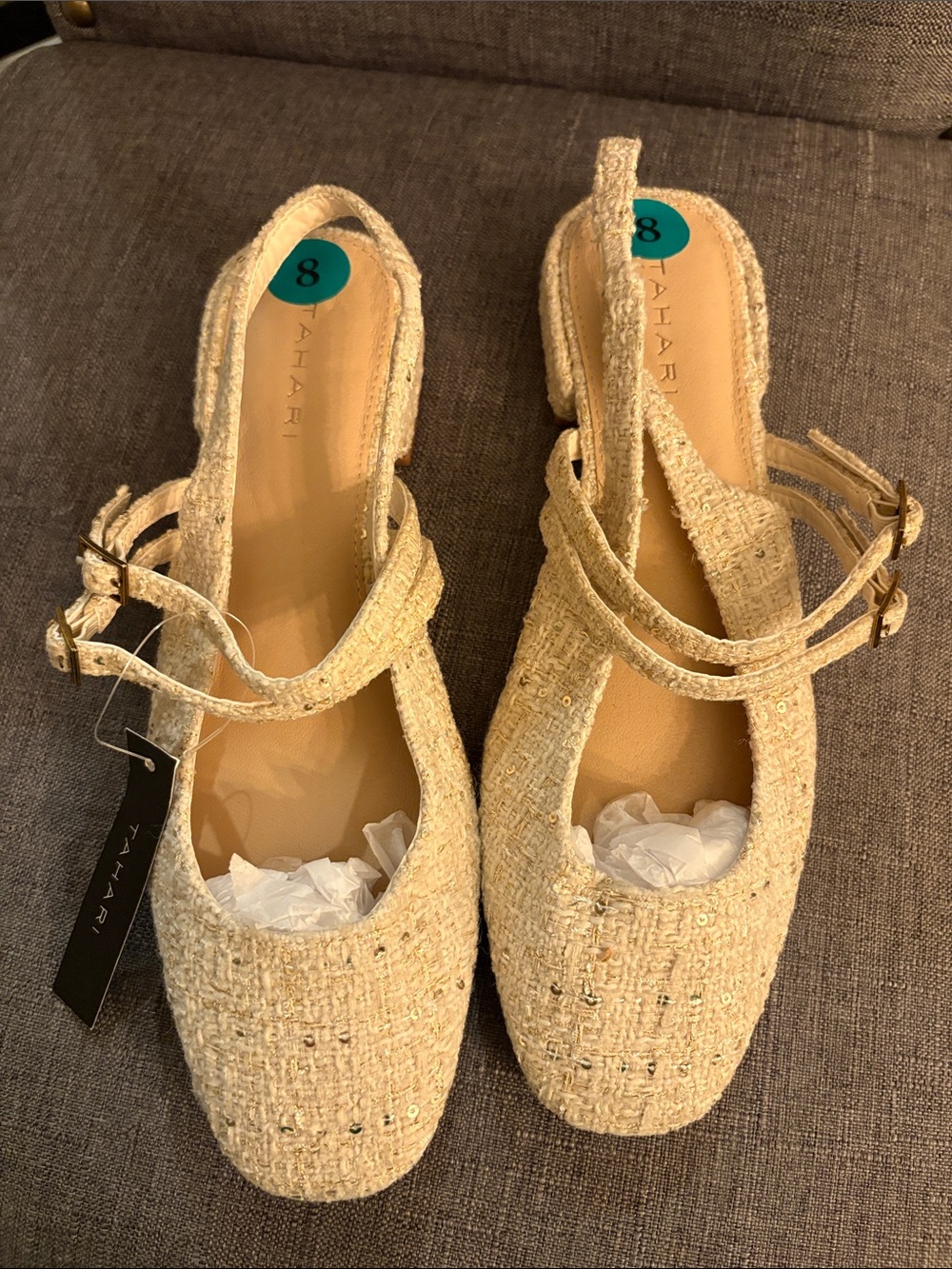 Tahari Cream Tweed Slingback Mules with Ankle Straps